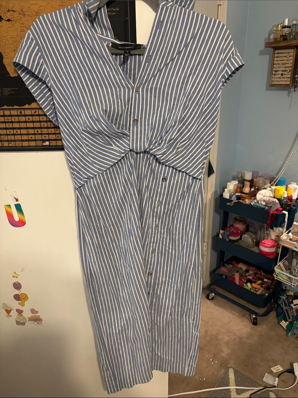 White House Black Market Blue & White Striped Twist-Front Midi Dress